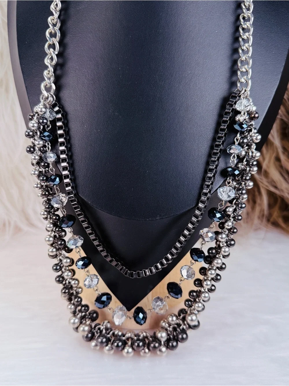 Beautiful, 3 strand, multi chain, black gunmetal beaded costume draping necklace